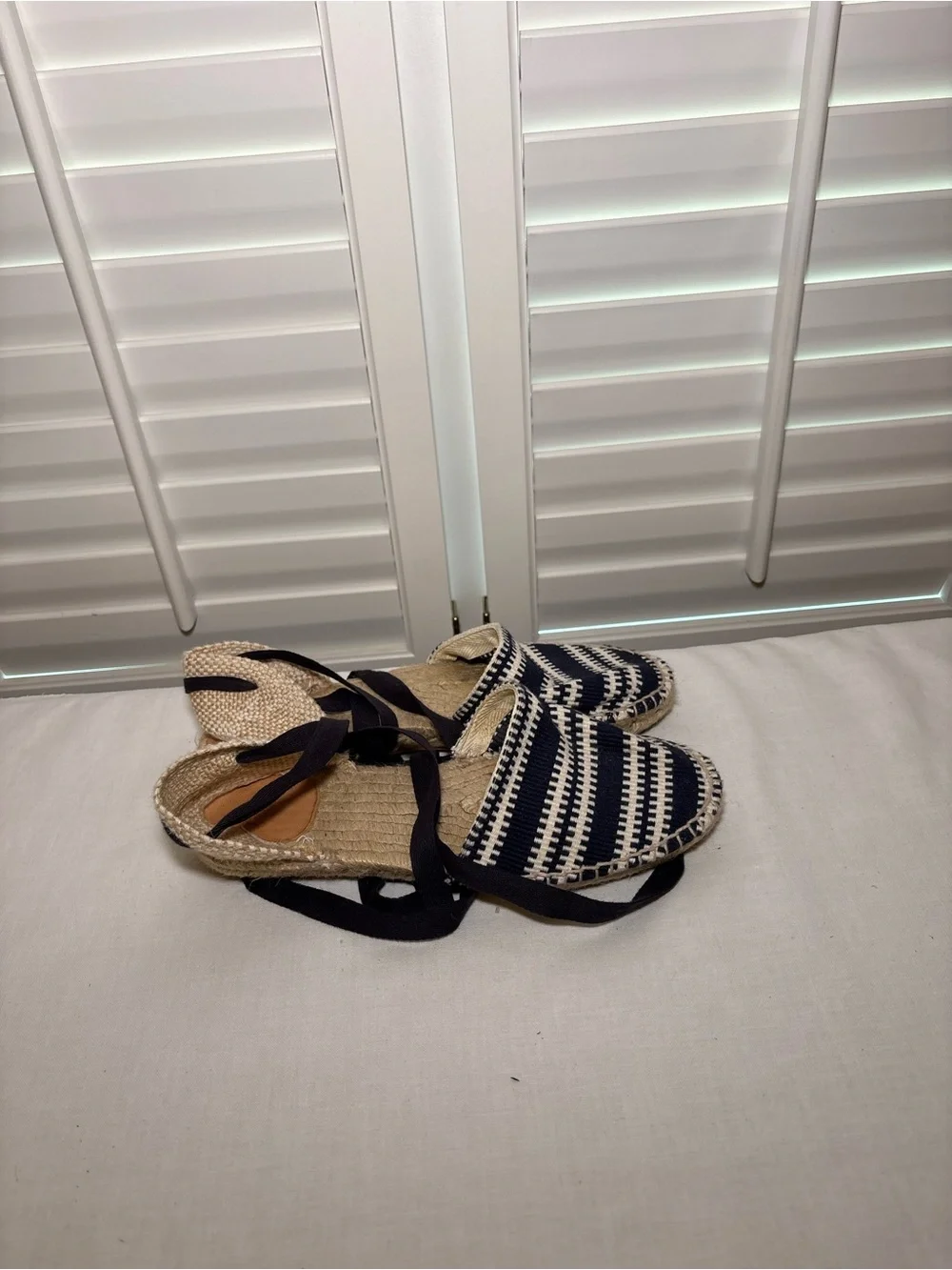 Castaner Woven Espadrille Flats with Navy Stripes and Ankle Ties